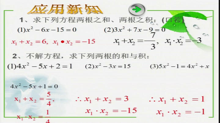 人教版数学九上《一元二次方程的根与系数的关系》湖北付老师-省一等奖